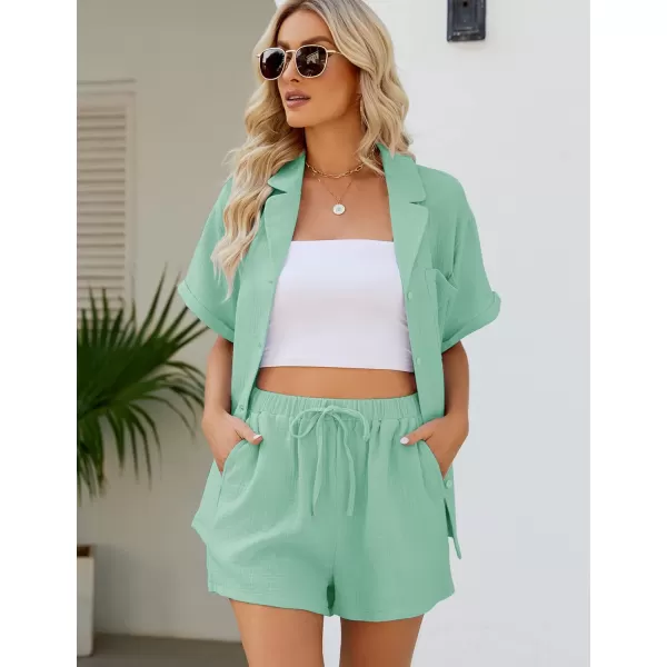Flygo Women's Two Piece Shirts Sets Short Sleeve Summer Casual Linen Shirt Elastic Waist Short Sets Outfits