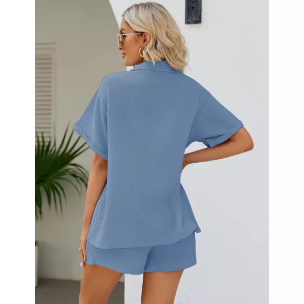 Flygo Women's Two Piece Shirts Sets Short Sleeve Summer Casual Linen Shirt Elastic Waist Short Sets Outfits