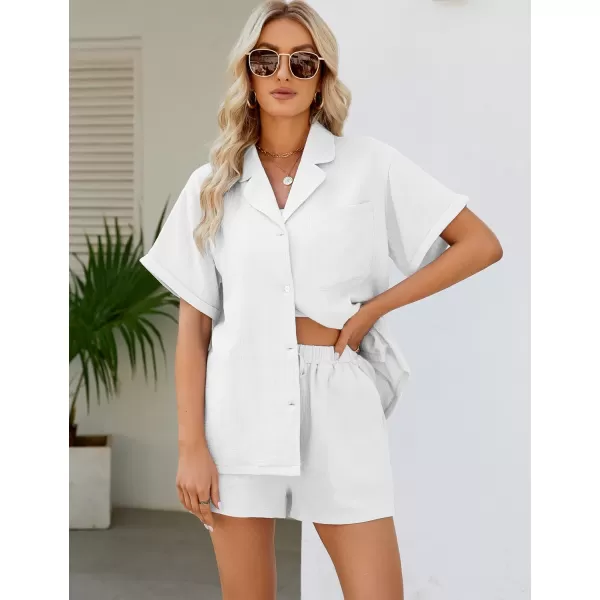 Flygo Women's Two Piece Shirts Sets Short Sleeve Summer Casual Linen Shirt Elastic Waist Short Sets Outfits