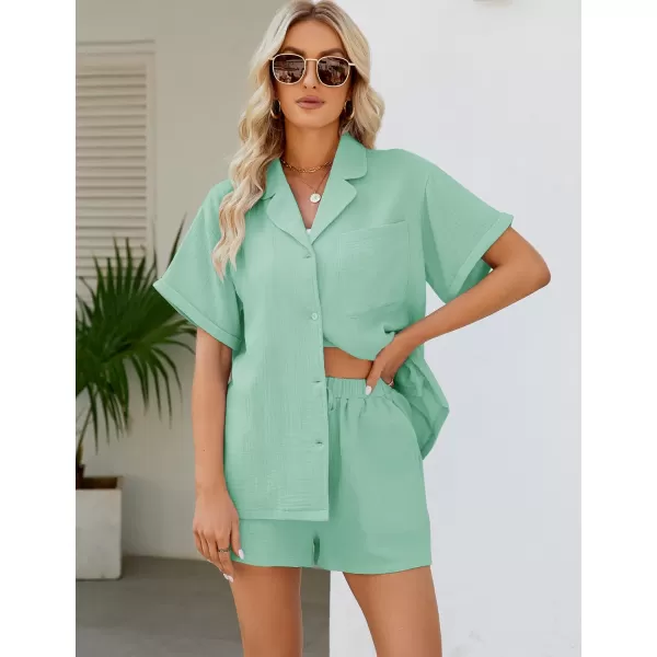 Flygo Women's Two Piece Shirts Sets Short Sleeve Summer Casual Linen Shirt Elastic Waist Short Sets Outfits