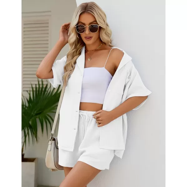 Flygo Women's Two Piece Shirts Sets Short Sleeve Summer Casual Linen Shirt Elastic Waist Short Sets Outfits