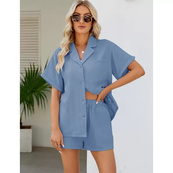 Flygo Women's Two Piece Shirts Sets Short Sleeve Summer Casual Linen Shirt Elastic Waist Short Sets Outfits