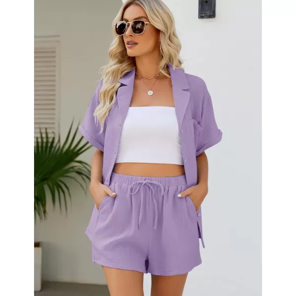 Flygo Women's Two Piece Shirts Sets Short Sleeve Summer Casual Linen Shirt Elastic Waist Short Sets Outfits