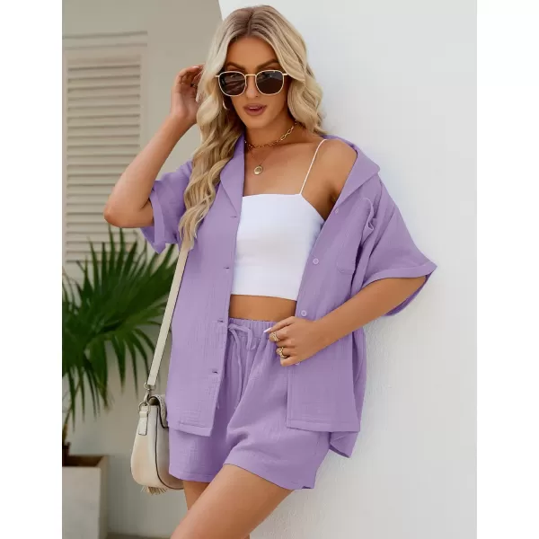 Flygo Women's Two Piece Shirts Sets Short Sleeve Summer Casual Linen Shirt Elastic Waist Short Sets Outfits