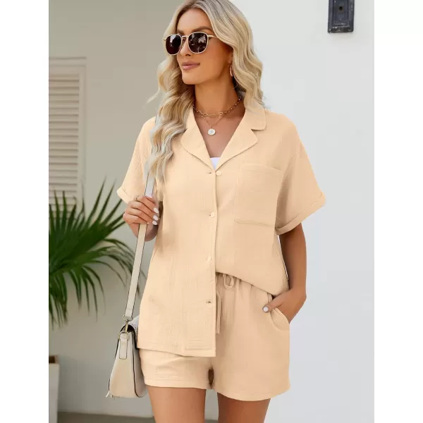Flygo Women's Two Piece Shirts Sets Short Sleeve Summer Casual Linen Shirt Elastic Waist Short Sets Outfits