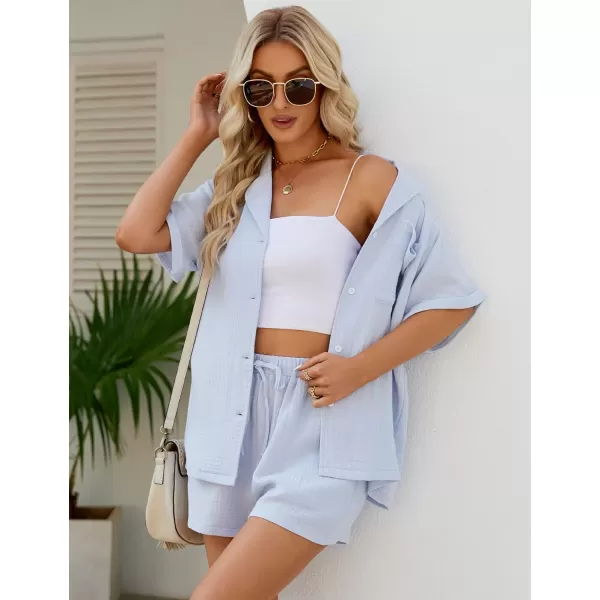 Flygo Women's Two Piece Shirts Sets Short Sleeve Summer Casual Linen Shirt Elastic Waist Short Sets Outfits