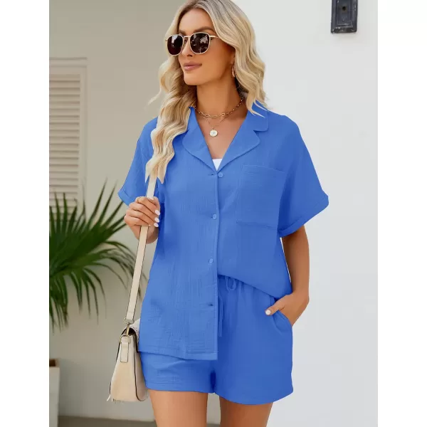 Flygo Women's Two Piece Shirts Sets Short Sleeve Summer Casual Linen Shirt Elastic Waist Short Sets Outfits