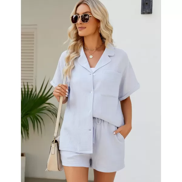 Flygo Women's Two Piece Shirts Sets Short Sleeve Summer Casual Linen Shirt Elastic Waist Short Sets Outfits
