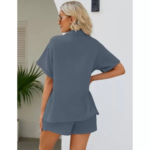 Flygo Women's Two Piece Shirts Sets Short Sleeve Summer Casual Linen Shirt Elastic Waist Short Sets Outfits