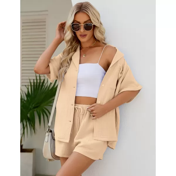 Flygo Women's Two Piece Shirts Sets Short Sleeve Summer Casual Linen Shirt Elastic Waist Short Sets Outfits
