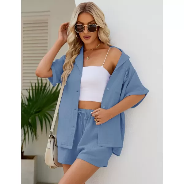 Flygo Women's Two Piece Shirts Sets Short Sleeve Summer Casual Linen Shirt Elastic Waist Short Sets Outfits