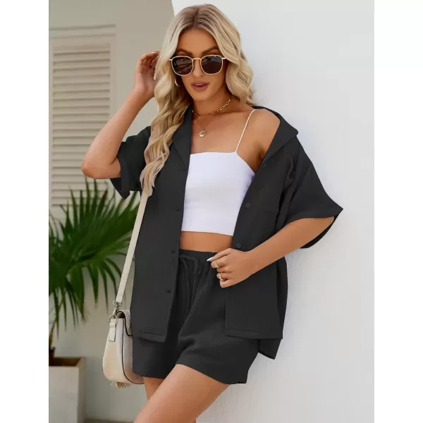 Flygo Women's Two Piece Shirts Sets Short Sleeve Summer Casual Linen Shirt Elastic Waist Short Sets Outfits