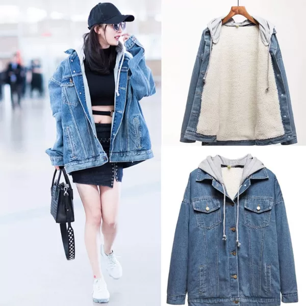 Flygo Women's Winter Oversized Boyfriend Sherpa Lined Denim Trucker Jacket with Hooded