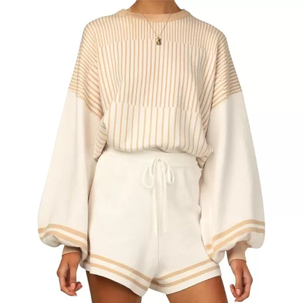 Flygo 2 Piece Outfits for Women Knitted Sets Striped Long Sleeve Pullover Sweater Shorts Lounge Set Tracksuits