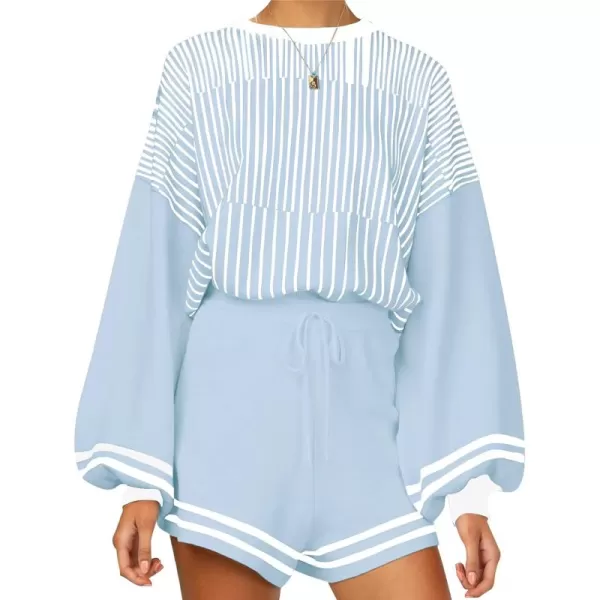 Flygo 2 Piece Outfits for Women Knitted Sets Striped Long Sleeve Pullover Sweater Shorts Lounge Set Tracksuits
