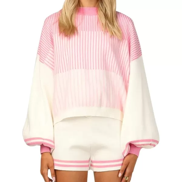 Flygo 2 Piece Outfits for Women Knitted Sets Striped Long Sleeve Pullover Sweater Shorts Lounge Set Tracksuits