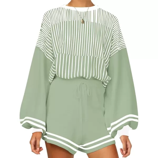 Flygo 2 Piece Outfits for Women Knitted Sets Striped Long Sleeve Pullover Sweater Shorts Lounge Set Tracksuits