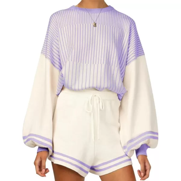Flygo 2 Piece Outfits for Women Knitted Sets Striped Long Sleeve Pullover Sweater Shorts Lounge Set Tracksuits