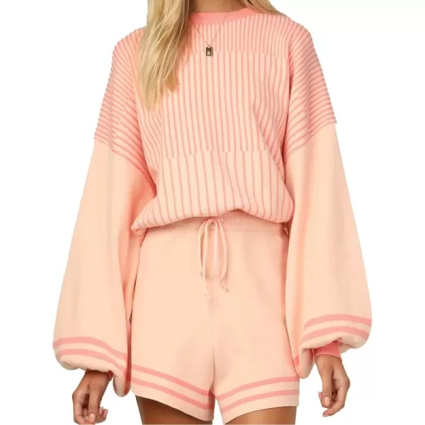 Flygo 2 Piece Outfits for Women Knitted Sets Striped Long Sleeve Pullover Sweater Shorts Lounge Set Tracksuits