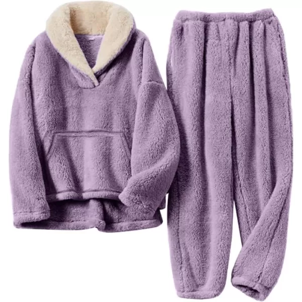 Flygo Fuzzy Fleece Pajamas Sets for Women Flannel Sleepwear Plush Pajama Lounge Pants Set