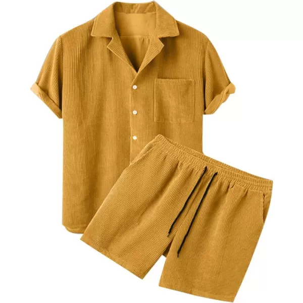 Flygo Men's Summer 2 Piece Outfits Waffle Sets Short Sleeve Shirts and Shorts Set Vacation Beach Outfit for Men