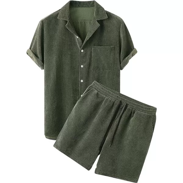 Flygo Men's Summer 2 Piece Outfits Waffle Sets Short Sleeve Shirts and Shorts Set Vacation Beach Outfit for Men