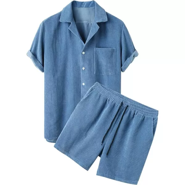 Flygo Men's Summer 2 Piece Outfits Waffle Sets Short Sleeve Shirts and Shorts Set Vacation Beach Outfit for Men