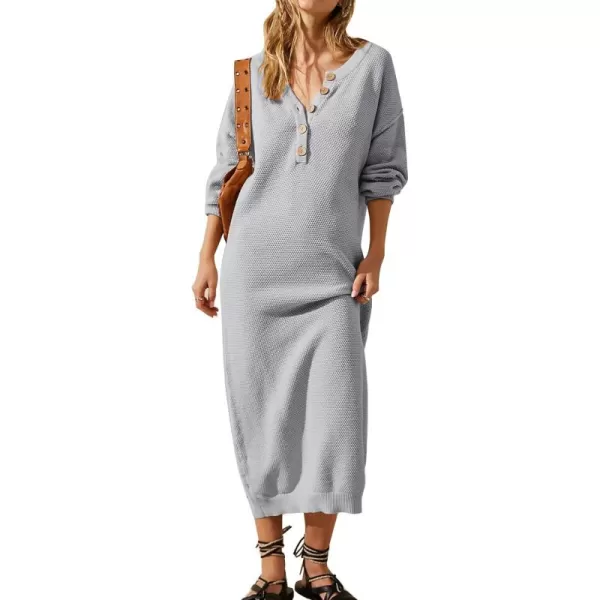 Flygo Midi Sweater Dress for Women Oversized Button V Neck Waffle Knit Dresses Fall Maxi Dress