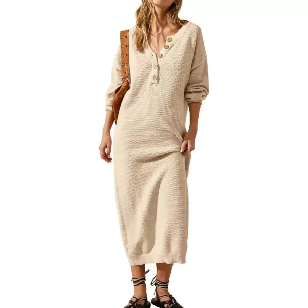 Flygo Midi Sweater Dress for Women Oversized Button V Neck Waffle Knit Dresses Fall Maxi Dress