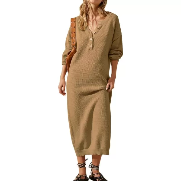 Flygo Midi Sweater Dress for Women Oversized Button V Neck Waffle Knit Dresses Fall Maxi Dress