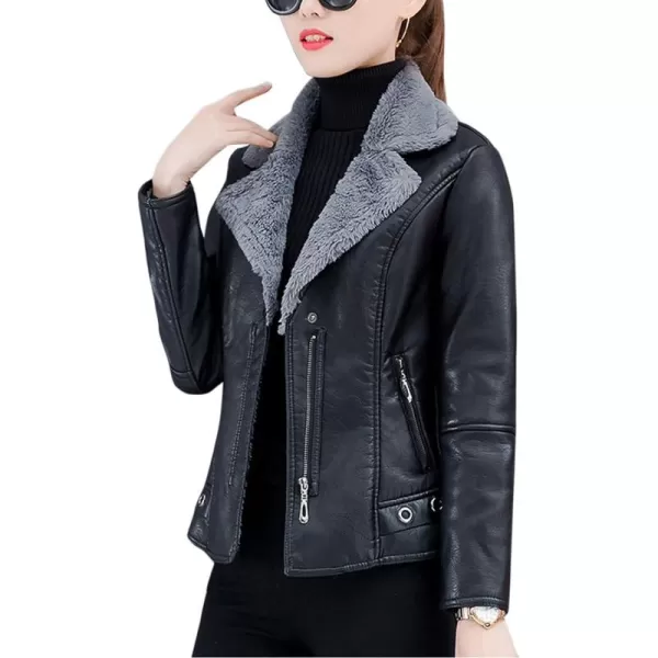 Flygo Women Faux Sherpa Fleece Fur Lined Leather PU Lapel Moto Biker Short Jacket Coat