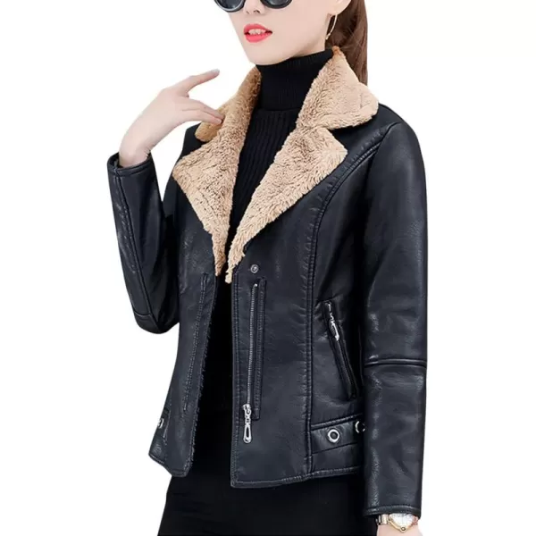 Flygo Women Faux Sherpa Fleece Fur Lined Leather PU Lapel Moto Biker Short Jacket Coat