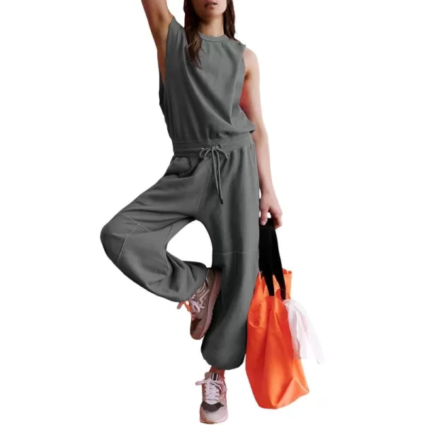 Flygo Womens Casual Jumpsuit Crewneck Cap Sleeve Long Wide Leg Pants One Piece Outfits Drawstring Romper with Pockets