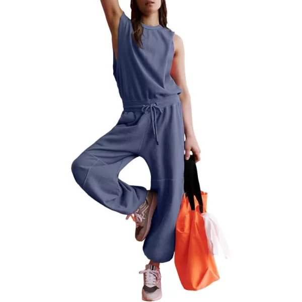 Flygo Womens Casual Jumpsuit Crewneck Cap Sleeve Long Wide Leg Pants One Piece Outfits Drawstring Romper with Pockets