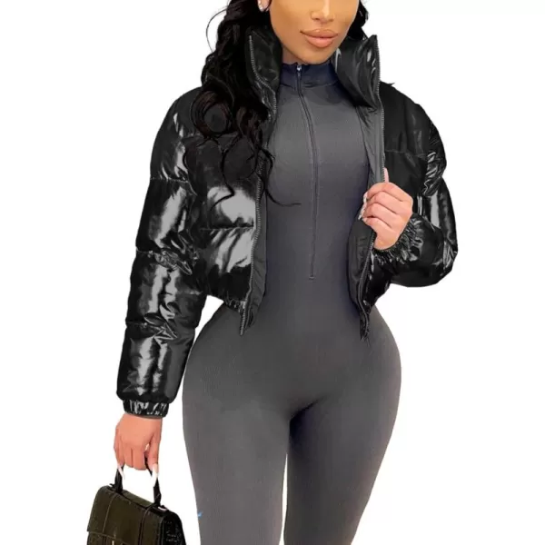 Flygo Women's Metallic Shiny Cropped Quilted Puffer Jacket - Zip Up Padded Down Coat Outerwear