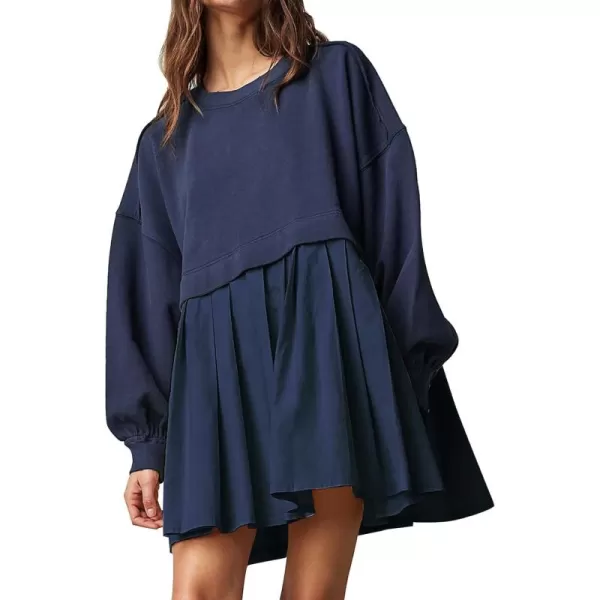 Flygo Womens Oversized Sweatshirt Dress Crewneck Patchwork Long Sleeve Pullover Tunic Flowy Pleated Mini Dresses