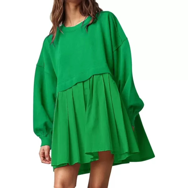 Flygo Womens Oversized Sweatshirt Dress Crewneck Patchwork Long Sleeve Pullover Tunic Flowy Pleated Mini Dresses