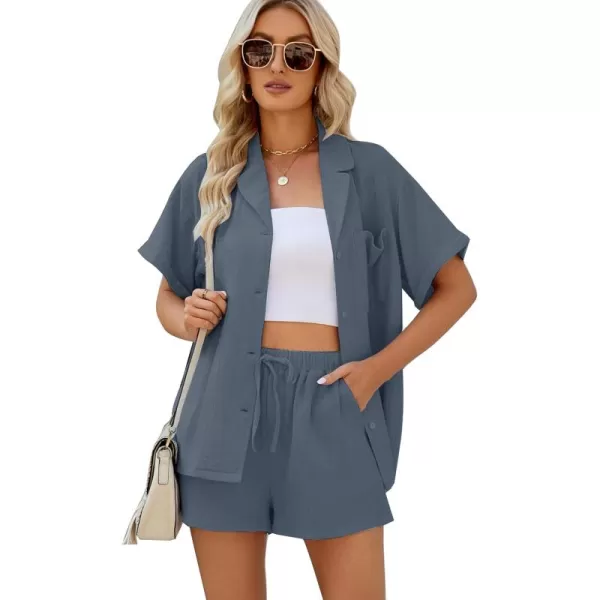 Flygo Women's Two Piece Shirts Sets Short Sleeve Summer Casual Linen Shirt Elastic Waist Short Sets Outfits