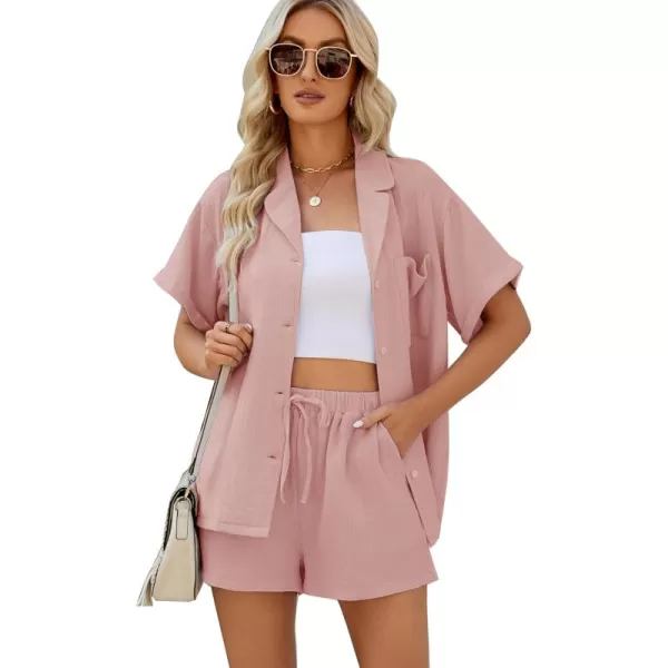 Flygo Women's Two Piece Shirts Sets Short Sleeve Summer Casual Linen Shirt Elastic Waist Short Sets Outfits