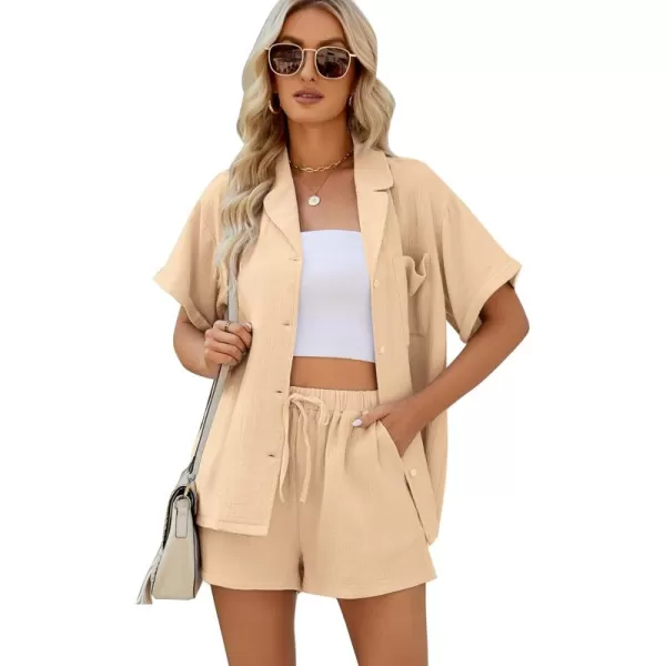 Flygo Women's Two Piece Shirts Sets Short Sleeve Summer Casual Linen Shirt Elastic Waist Short Sets Outfits