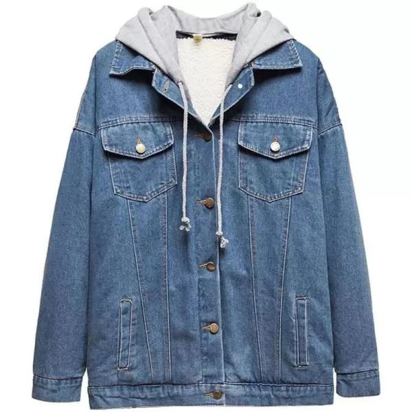 Flygo Women's Winter Oversized Boyfriend Sherpa Lined Denim Trucker Jacket with Hooded