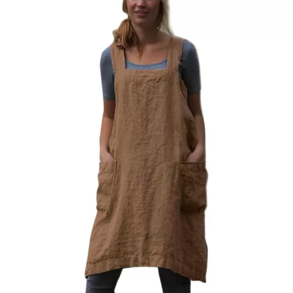 Flygo Women's Casual Cotton Linen Cross Bandage Gardening Works Cooking Baking Aprons Pinafore Dresses