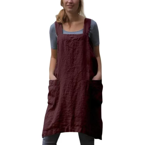 Flygo Women's Casual Cotton Linen Cross Bandage Gardening Works Cooking Baking Aprons Pinafore Dresses