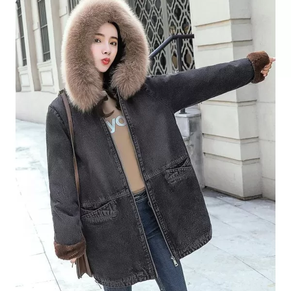 Flygo Women Thick Sherpa Fleece Lined Denim Trucker Jacket Hooded Jean Coat