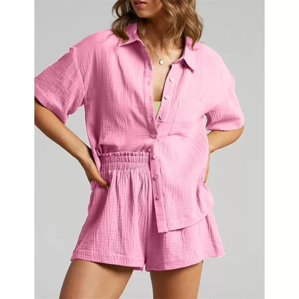 Flygo Womens Casual 2 Piece Outfits Cotton Linen Sets Button Down Shirt Top Shorts Pajama Set Tracksuit
