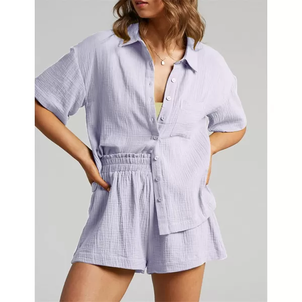 Flygo Womens Casual 2 Piece Outfits Cotton Linen Sets Button Down Shirt Top Shorts Pajama Set Tracksuit