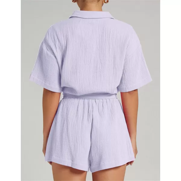 Flygo Womens Casual 2 Piece Outfits Cotton Linen Sets Button Down Shirt Top Shorts Pajama Set Tracksuit