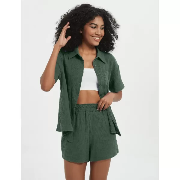 Flygo Womens Casual 2 Piece Outfits Cotton Linen Sets Button Down Shirt Top Shorts Pajama Set Tracksuit