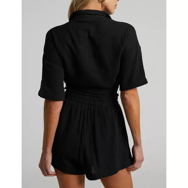 Flygo Womens Casual 2 Piece Outfits Cotton Linen Sets Button Down Shirt Top Shorts Pajama Set Tracksuit