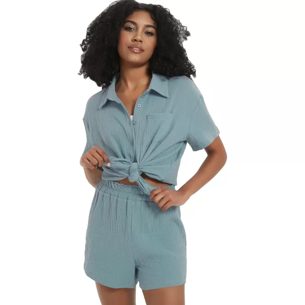 Flygo Womens Casual 2 Piece Outfits Cotton Linen Sets Button Down Shirt Top Shorts Pajama Set Tracksuit